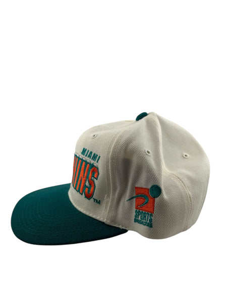 Vintage SPORTS SPECIALTIES Miami Dolphins Laser Shadow Snapback Hat 90s White Teal NOS