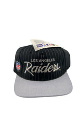 Load image into Gallery viewer, Vintage SPORTS SPECIALTIES Los Angeles Raiders Pinstriped Snapback Hat 90s Black Silver NWT
