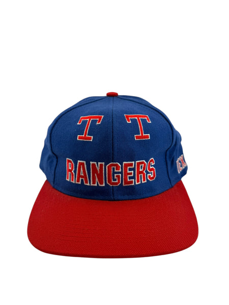 Vintage SIGNATURES SPORTSWEAR Texas Rangers Wraparound Logos Snapback Hat 90s Blue Red
