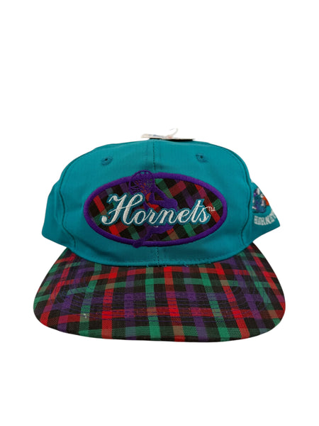 Vintage DREW PEARSON Charlotte Hornets Plaid Logo Brim Snapback Hat 90s Teal NWT
