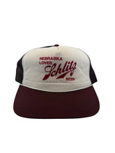 Load image into Gallery viewer, Vintage Nebraska Loves Schlitz Beer Trucker Mesh Snapback Hat 80s White Burgundy
