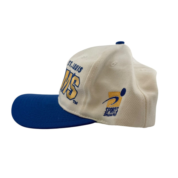 Vintage SPORTS SPECIALTIES St. Louis Rams Shadow Laser Snapback Hat 90s White Blue