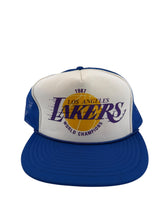Load image into Gallery viewer, Vintage NISSIN Los Angeles Lakers 1987 World Champions Trucker Mesh Snapback Hat 80s White Blue
