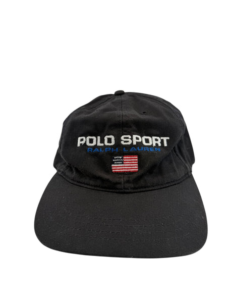 Vintage POLO SPORT Ralph Lauren USA Flag Spell Out Strapback Hat 90s Y2K Black