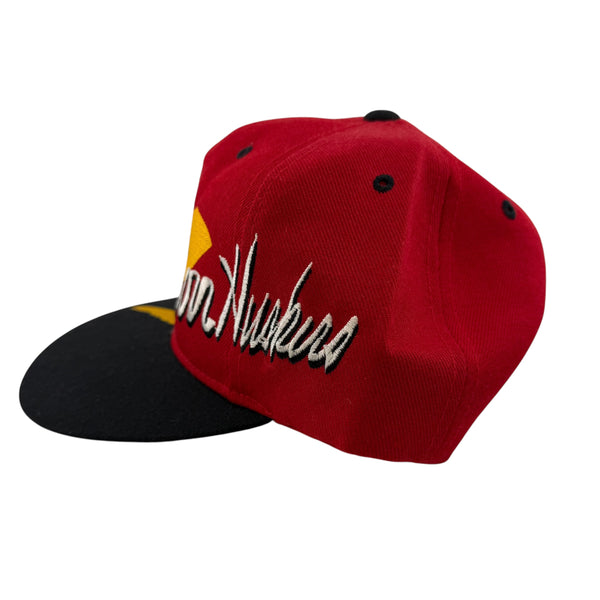 Vintage FRESH CAPS Nebraska Cornhuskers Mascot Lightning Bolt Snapback Hat 90s Red Black