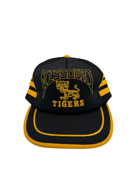 Vintage INTERNATIONAL Missouri Tigers Mizzou Striped Snapback Mesh Trucker Hat 70s 80s Black Gold