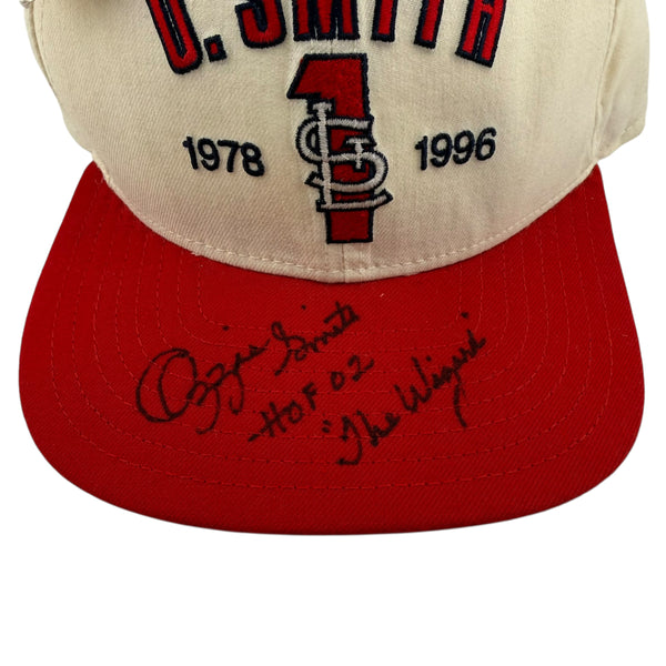 Vintage NEW ERA Ozzie Smith St. Louis Cardinals 1996 Retirement "The Wizard" Autographed Snapback Hat 90s Cream Red NWT