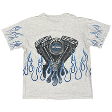 Load image into Gallery viewer, Vintage HARLEY DAVIDSON Motor Cycles Engine Blue Flame All Over Print 1996 T Shirt 90s
