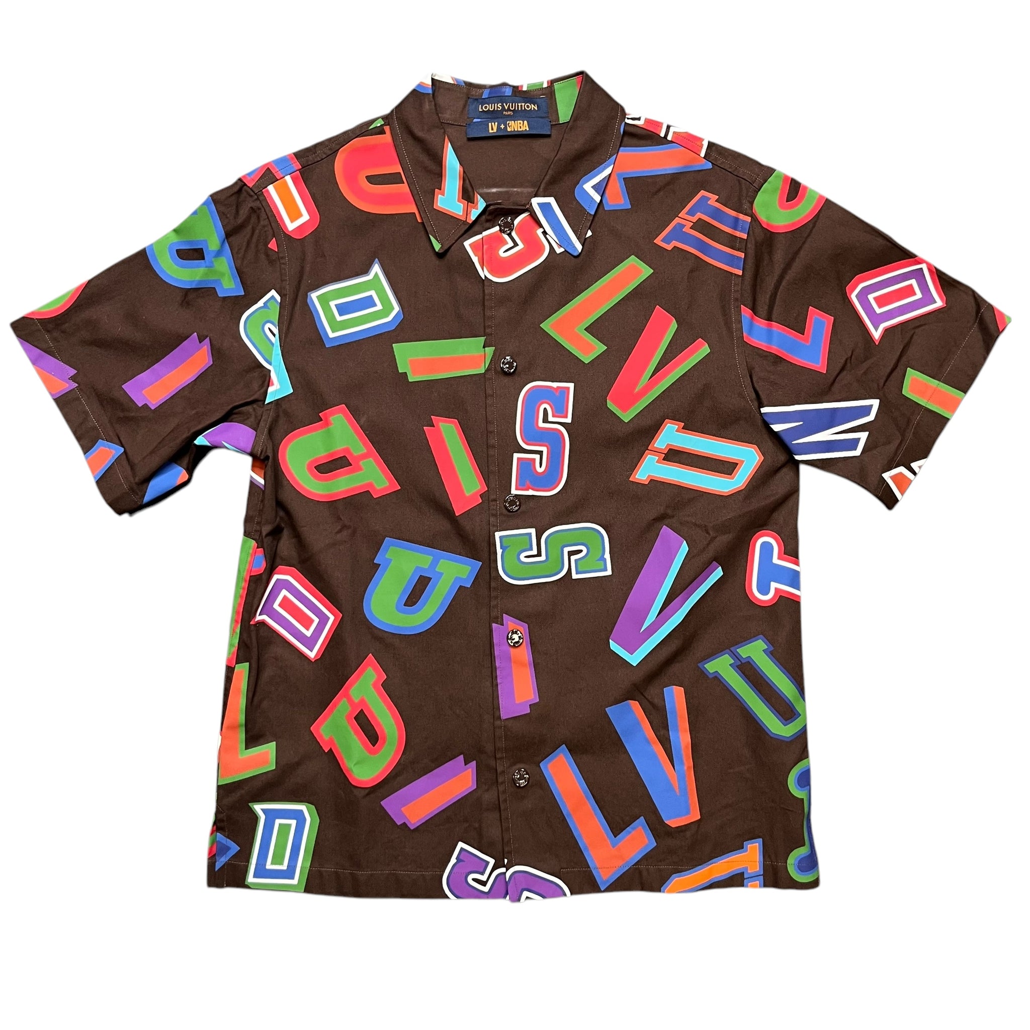 Louis Vuitton NBA Basketball Letters Button Up Shirt Brown Pre
