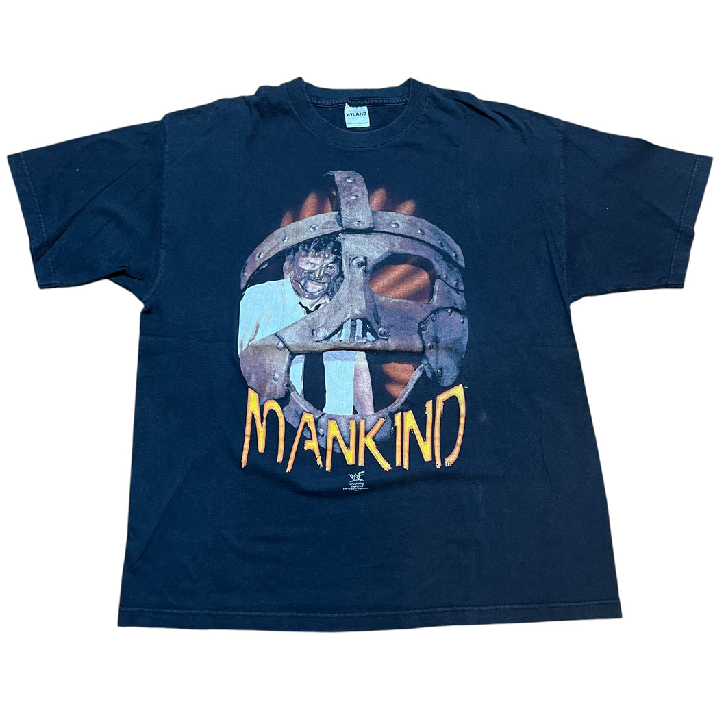 Vintage HYLAND Mick Foley Mankind Big Face Mask 1998 WWF Wrestling T Shirt 90s Black