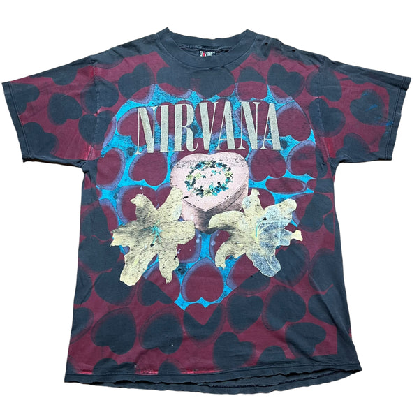 Vintage GIANT Nirvana Heart Shaped Box Hearts All Over Print Tour T Shirt 90s Kurt Cobain AOP XL