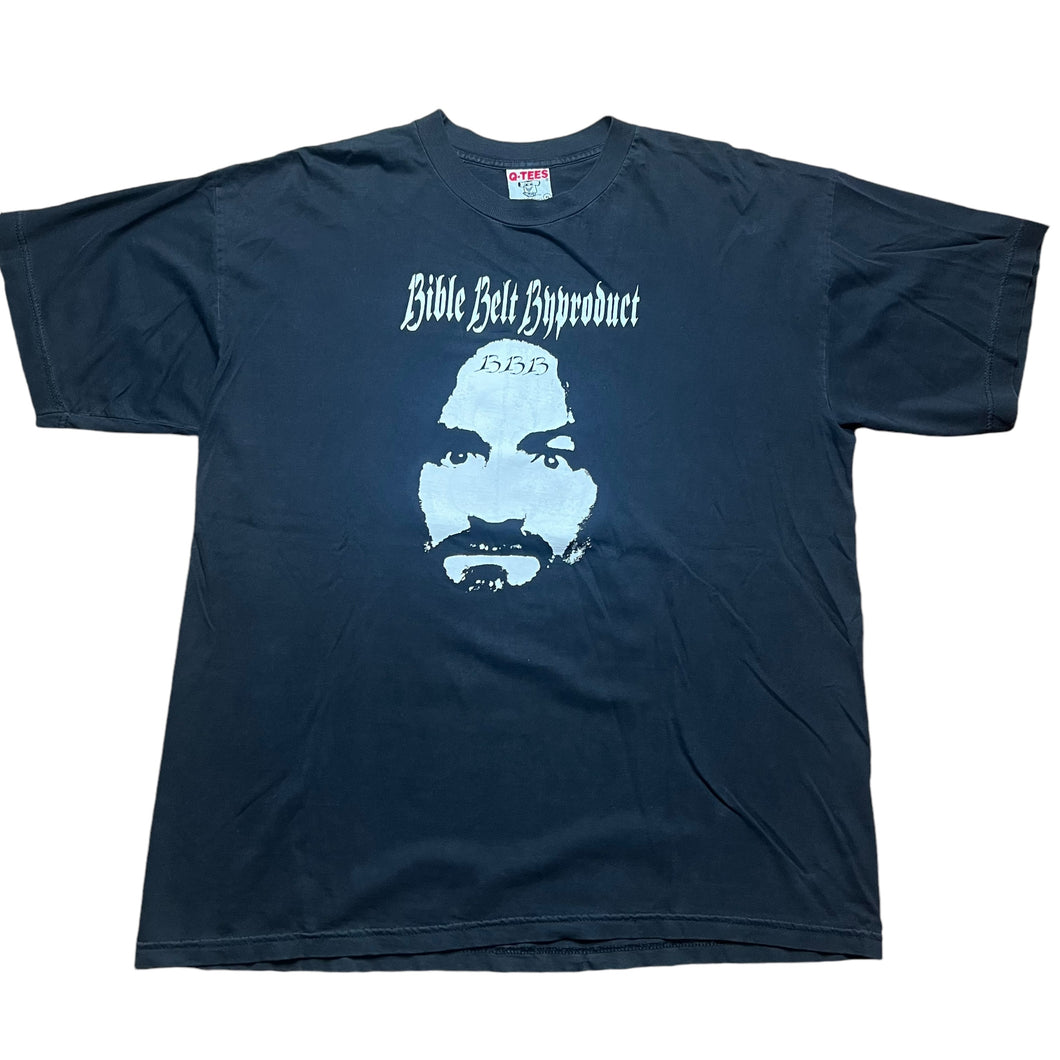 Vintage Q-TEES Charles Manson Bible Belt Byproduct T Shirt 90s Serial Killer Black XL