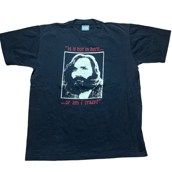 Vintage ALL SPORT Charles Manson Is It Hot In Here or am I Crazy Glow In The Dark T Shirt 90s Black XL