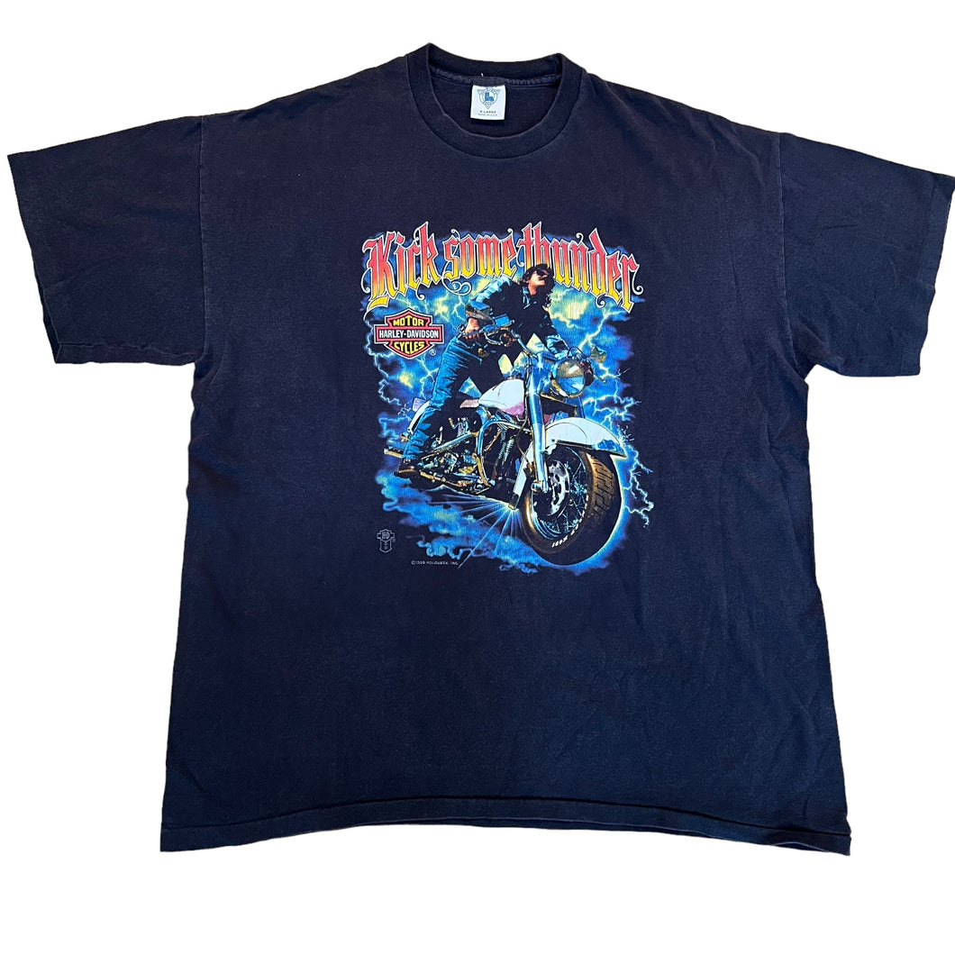 Vintage HOLOUBEK Harley Davidson Kick Some Thunder 1988 Lightning Chopper T Shirt 80s XL