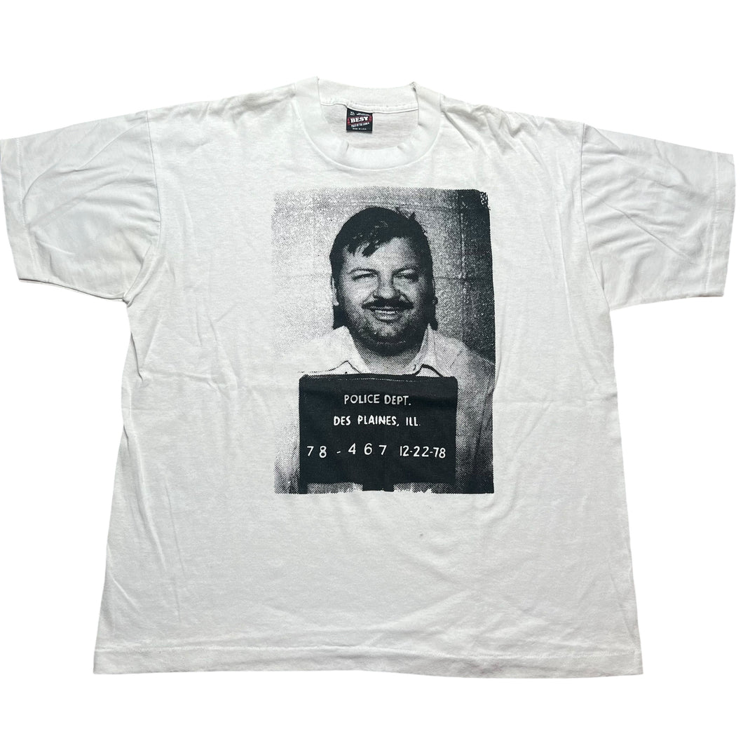 Vintage MUTILATION GRAPHICS John Wayne Gacy Mugshot T Shirt 90s Serial Killer White XL