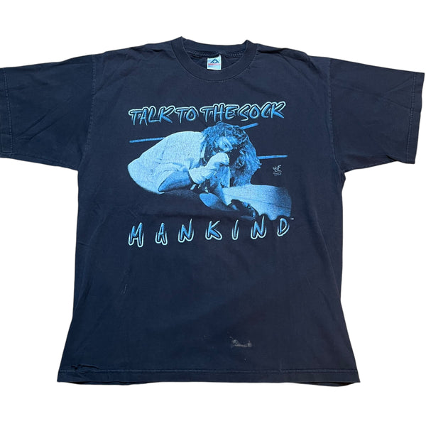 Vintage ALSTYLE Mick Foley Mankind Talk To The Sock One Word Socko Wrestling T Shirt 90s Black XL