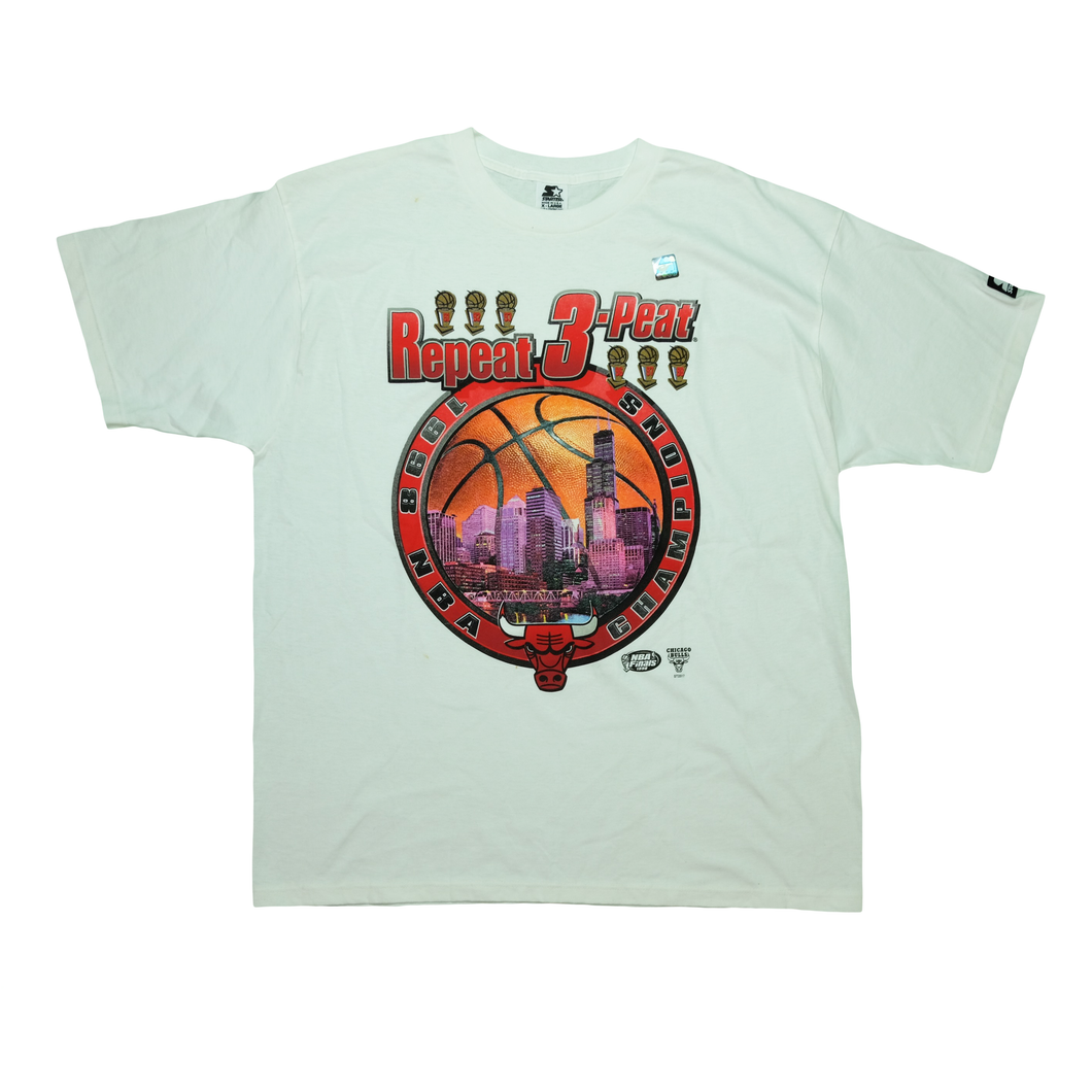 Vintage STARTER Chicago Bulls 1998 3-Peat NBA Champs T Shirt 90s Michael Jordan White XL