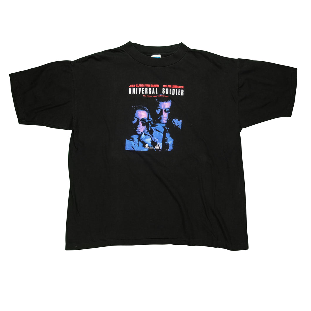 Vintage Q-TEES Universal Solider The Future Has A Bad Attitude 1992 Film T Shirt 90s Black XL