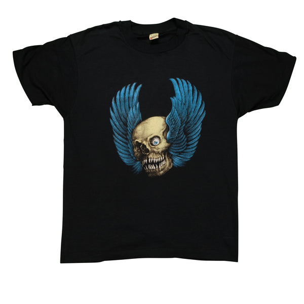 Vintage SCREEN STARS Flying Skull T Shirt 80s 90s Biker Black L