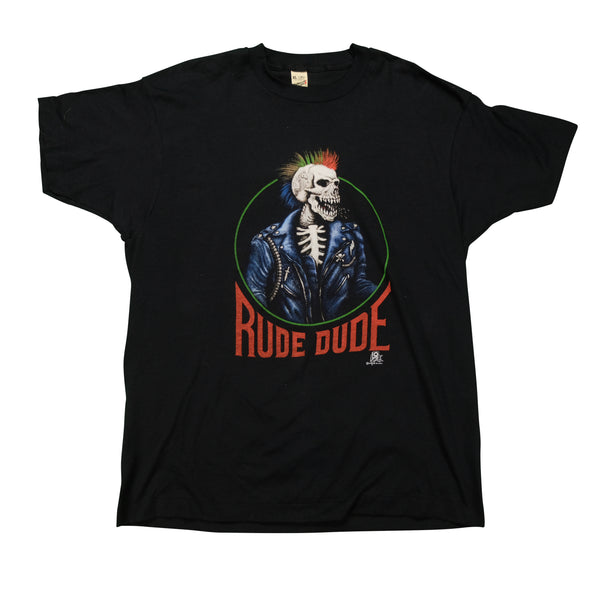 Vintage SCREEN STARS Q FX Rude Dude Punk Rock Skeleton T Shirt 80s 90s Black XL
