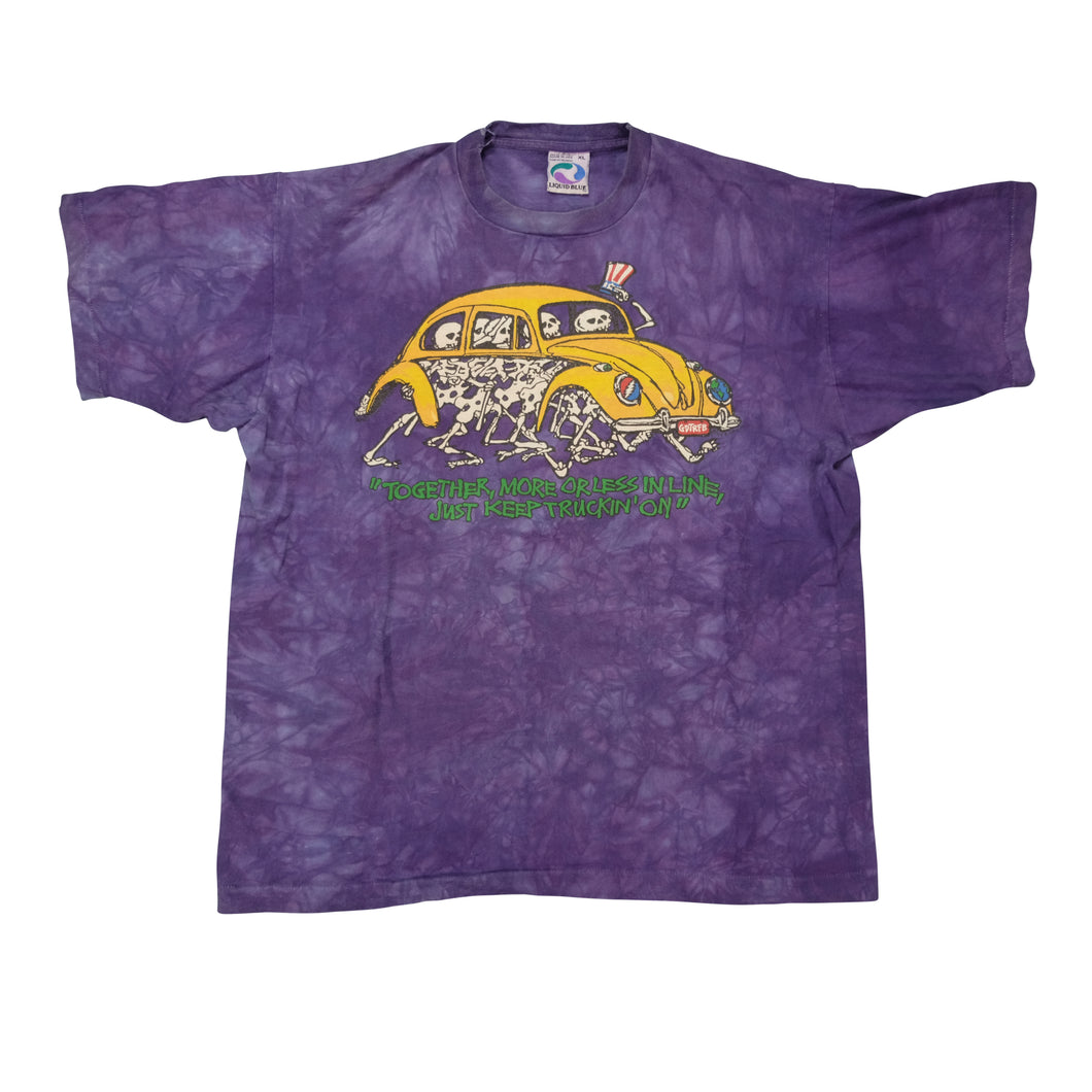 Vintage LIQUID BLUE Grateful Dead Xing Keep On Truckin' Skeletons Tie Dyed 1998 T Shirt 90s Purple XL