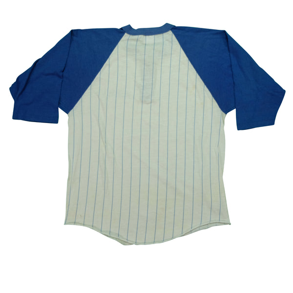 Vintage NIKE Sportswear Block Letters Pinstriped Henley T Shirt 70s 80s White Blue L