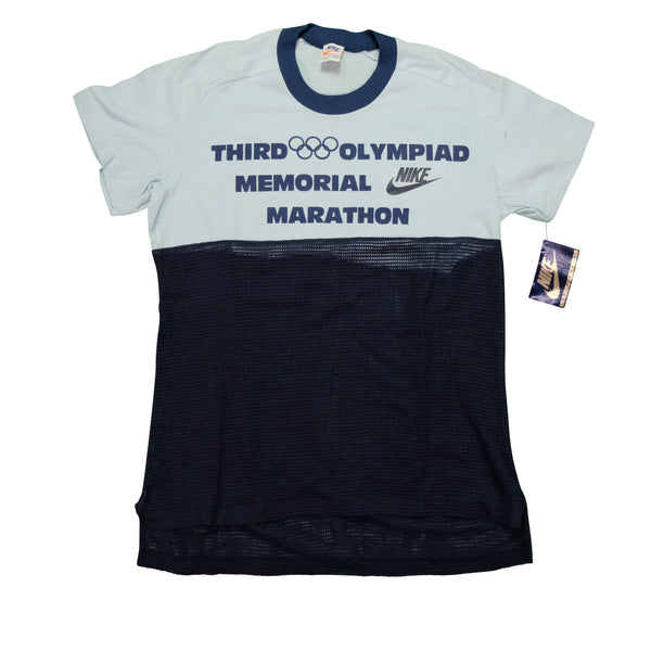 Vintage NIKE Sportswear Third Olympiad Memorial Marathon Mesh T Shirt 70s 80s Navy Blue NWT M