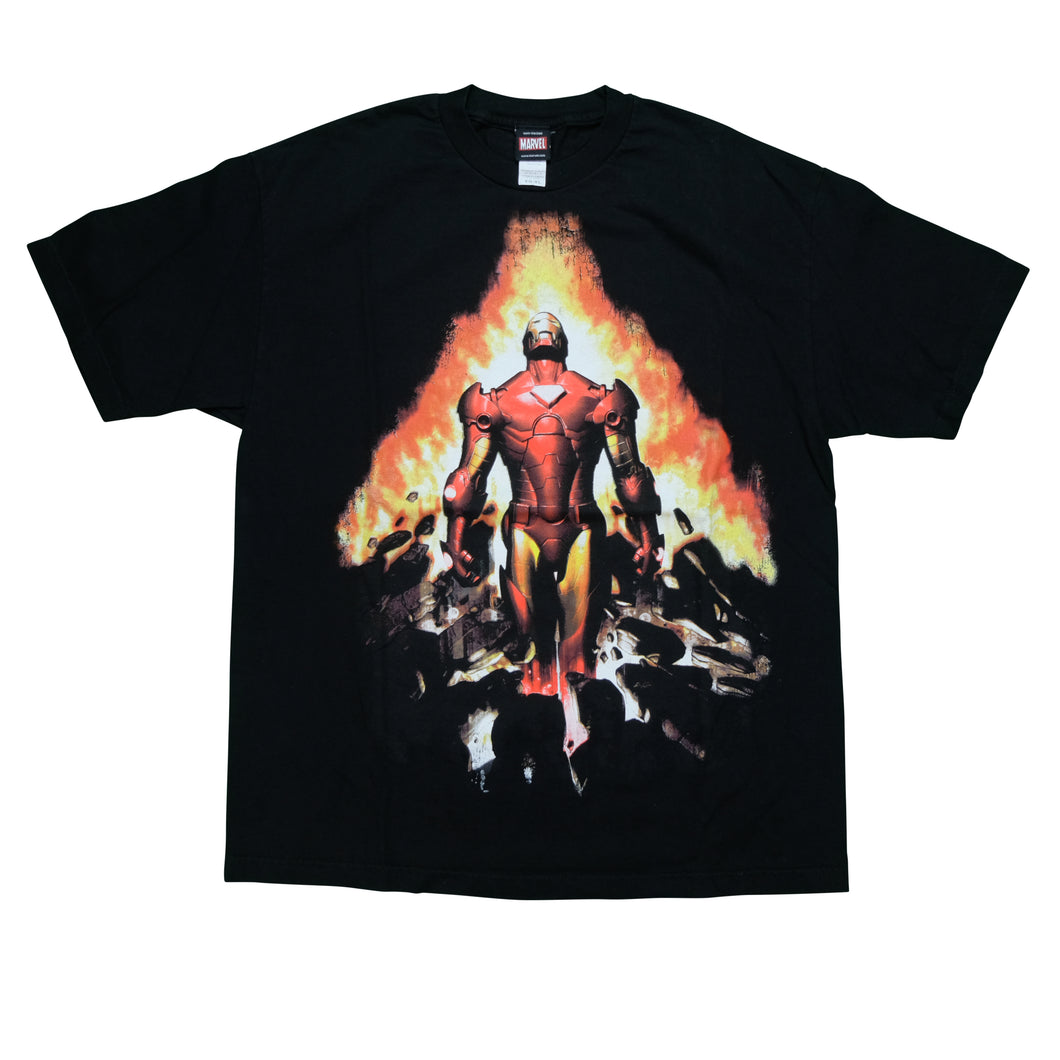 Vintage MAD ENGINE Marvel Comics Iron Man Fire Ruins T Shirt 2000s Black XL