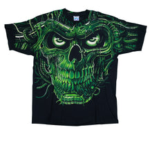 Load image into Gallery viewer, Vintage LIQUID BLUE Terminator Skull Glow In The Dark 1998 All Over Print T Shirt 90s Black Green XL
