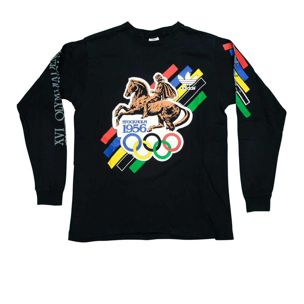 Vintage ADIDAS Helinski 1952 Stockholm 1956 Summer Olympics Long Sleeve T Shirt 80s 90s Black L