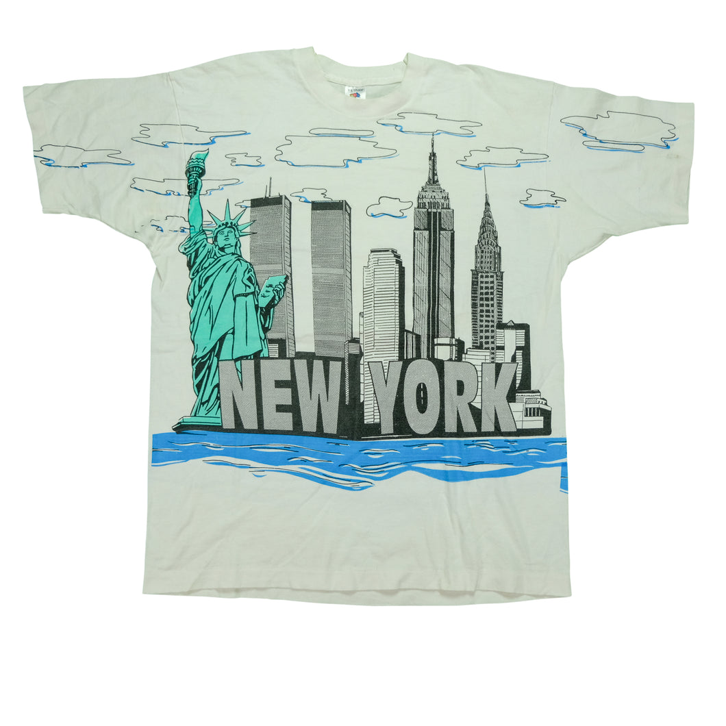 Vintage New York City NYC Building Monuments All Over Print T Shirt 90s White XL