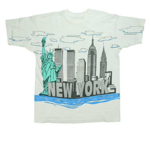 Vintage New York City NYC Building Monuments All Over Print T Shirt 90s White XL