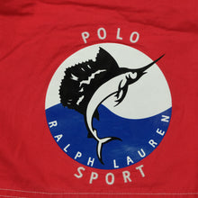 Load image into Gallery viewer, Vintage POLO SPORT Ralph Lauren Spell Out Marlin Swordfish Color Split Swimming Trunks 90s Red Blue L
