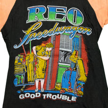 Load image into Gallery viewer, Vintage REO Speedwagon Good Trouble Hi Infidelity Albums Raglan T Shirt 80s Black Orange
