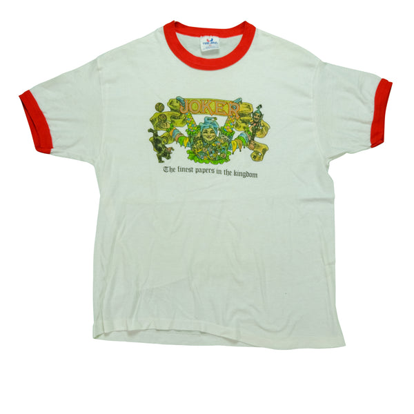 Vintage TEE JAYS Joker The Finest Rolling Papers in the Kingdom Ringer T Shirt 90s White Red XL