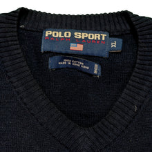 Load image into Gallery viewer, Vintage POLO SPORT Ralph Lauren Spell Out Flag V-Neck Sweater 90s Navy Blue XL
