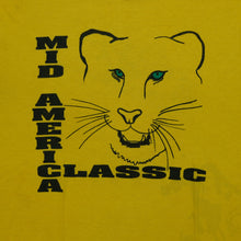 Load image into Gallery viewer, Vintage NIKE Mid America Classic Spell Out Swoosh Big Cat Graphic T Shirt 80s 90s Yellow XL
