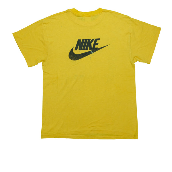 Vintage NIKE Mid America Classic Spell Out Swoosh Big Cat Graphic T Shirt 80s 90s Yellow XL