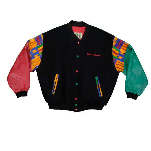 Vintage CROSS COLOURS Post Hip Hop Nation Academic Hard Wear Spell Out Wool Leather Varsity Jacket 90s Black 2