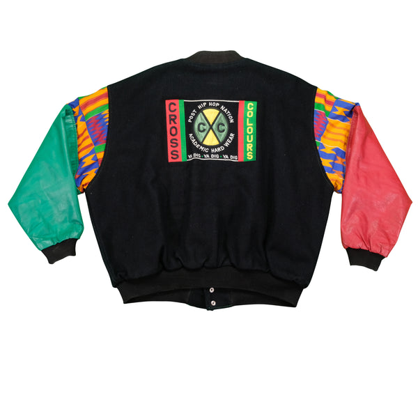 Vintage CROSS COLOURS Post Hip Hop Nation Academic Hard Wear Spell Out Wool Leather Varsity Jacket 90s Black 2