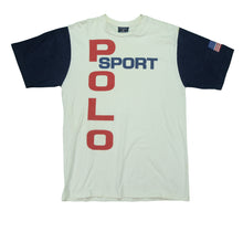 Load image into Gallery viewer, Vintage POLO SPORT Ralph Lauren Spell Out USA Flag T Shirt 90s White Navy Blue XL
