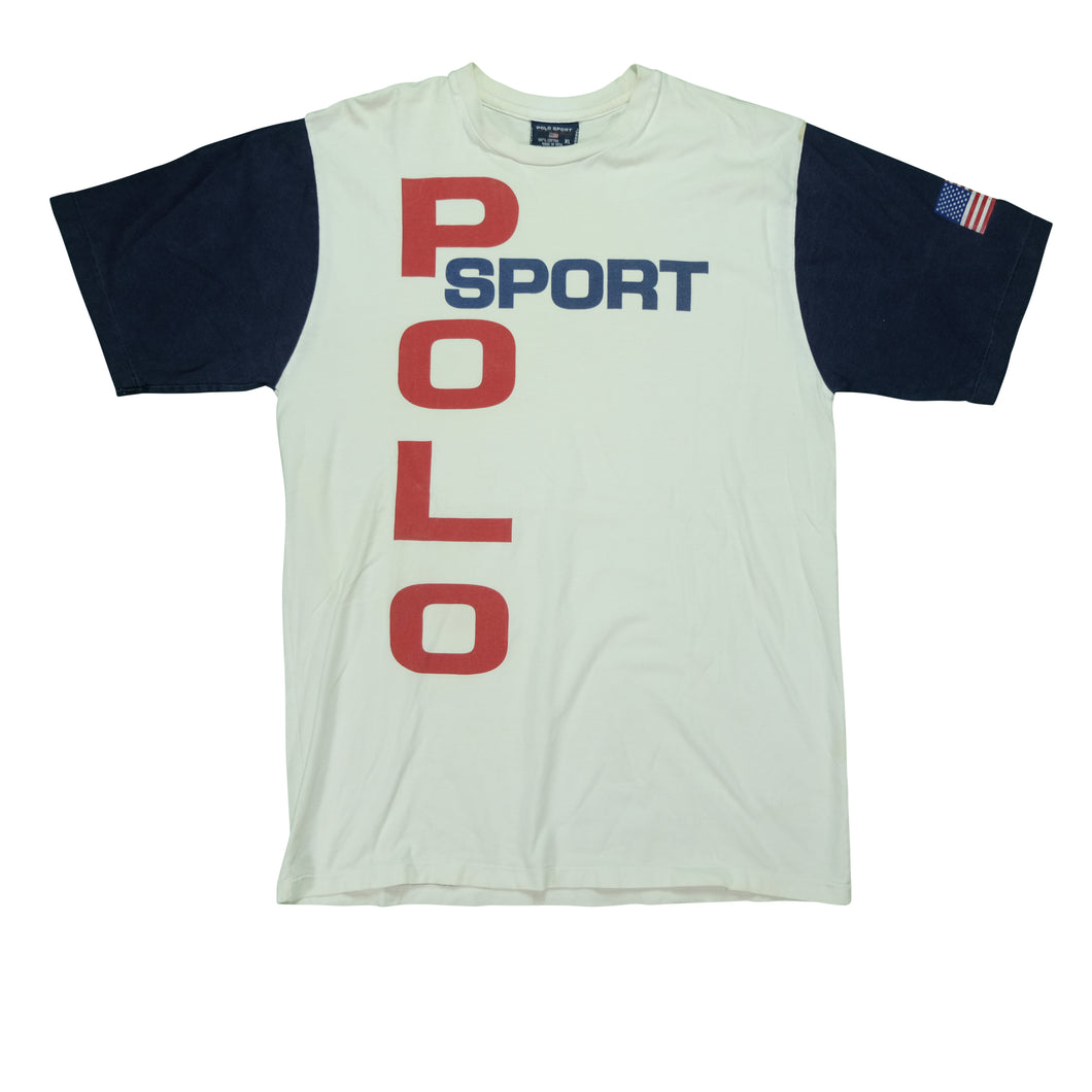 Vintage POLO SPORT Ralph Lauren Spell Out USA Flag T Shirt 90s White Navy Blue XL