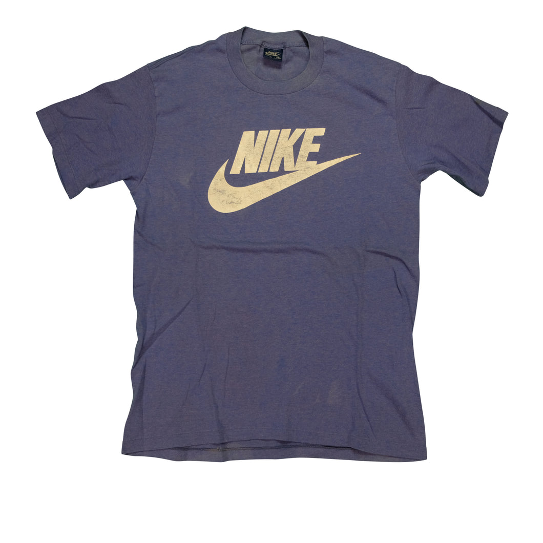 Vintage NIKE Spell Out Swoosh T Shirt 80s Navy Blue XL