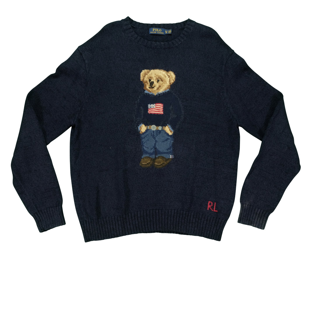 Vintage POLO RALPH LAUREN Retro USA Flag Standing Bear Sweater 2000s Navy Blue XL