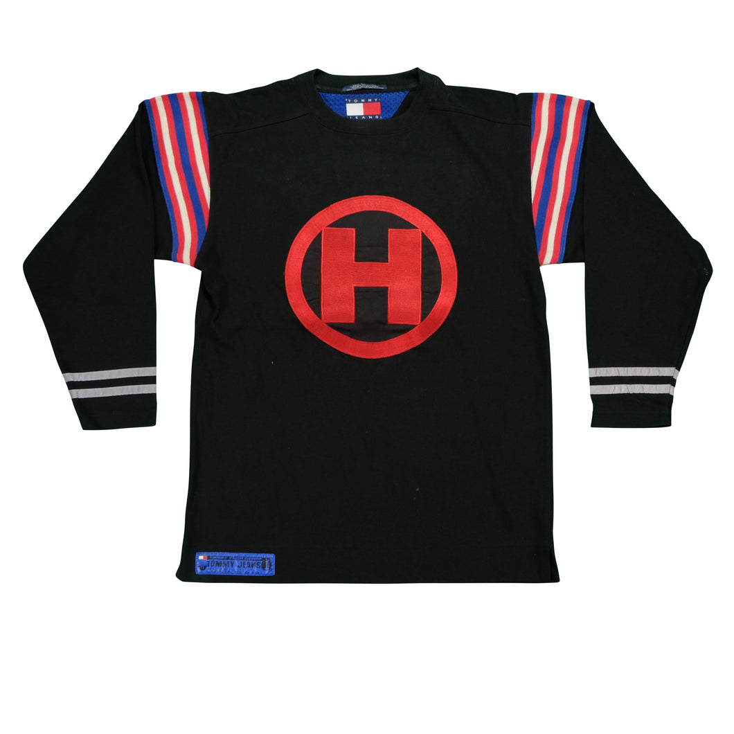 Vintage TOMMY HILFIGER Spell Out Sport Tech Denim Striped Sweatshirt 90s Black S