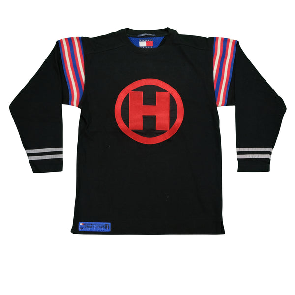 Vintage TOMMY HILFIGER Spell Out Sport Tech Denim Striped Sweatshirt 90s Black S