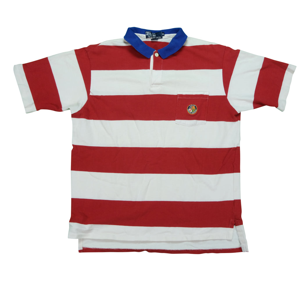 Vintage POLO RALPH LAUREN Spell Out Cookie Logo Pocket Striped Polo Shirt 90s White Red XL
