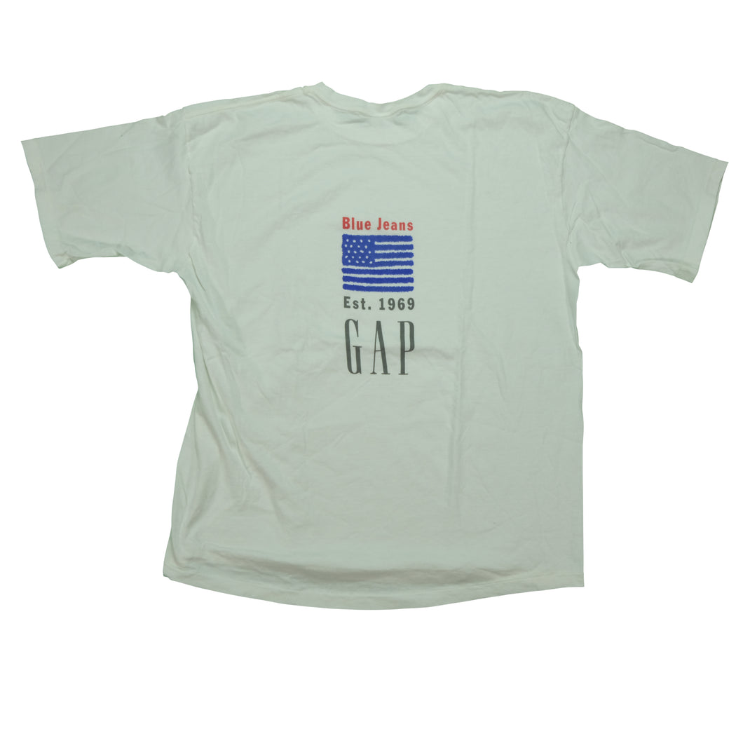 Vintage GAP Blue Jeans Est. 1969 USA Flag T Shirt 2000s White L