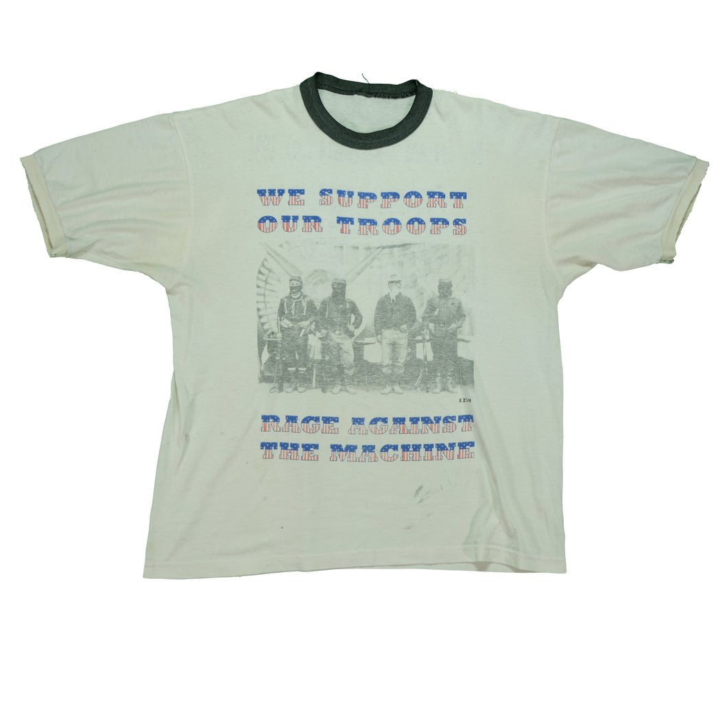 Vintage Rage Against The Machine We Support Our Troops New Zealand/Australia 1996 Tour Ringer T Shirt 90s White