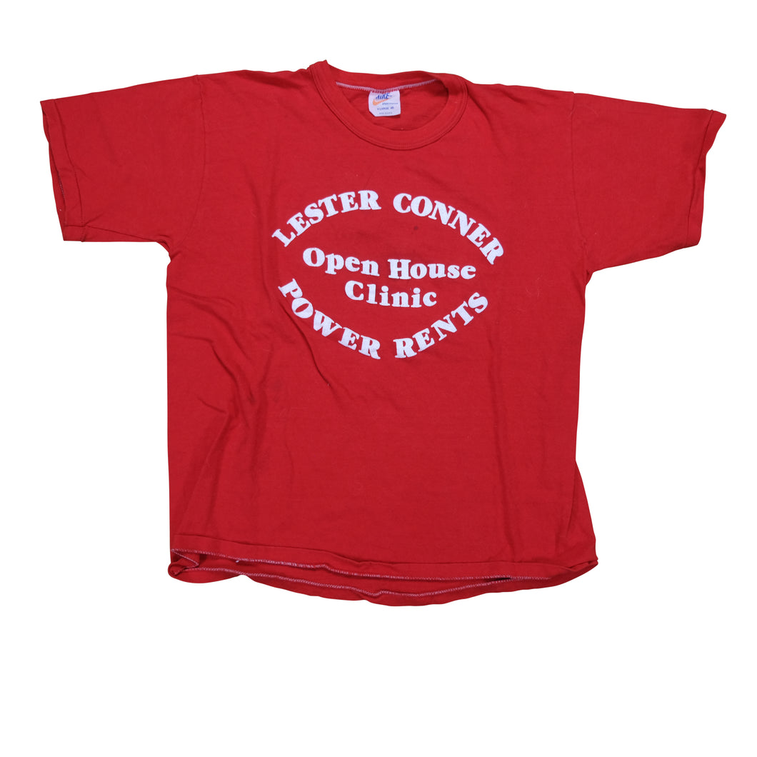 Vintage NIKE Lester Conner Power Rents Open House Clinic Spell Out Swoosh T Shirt 70s 80s Red XL